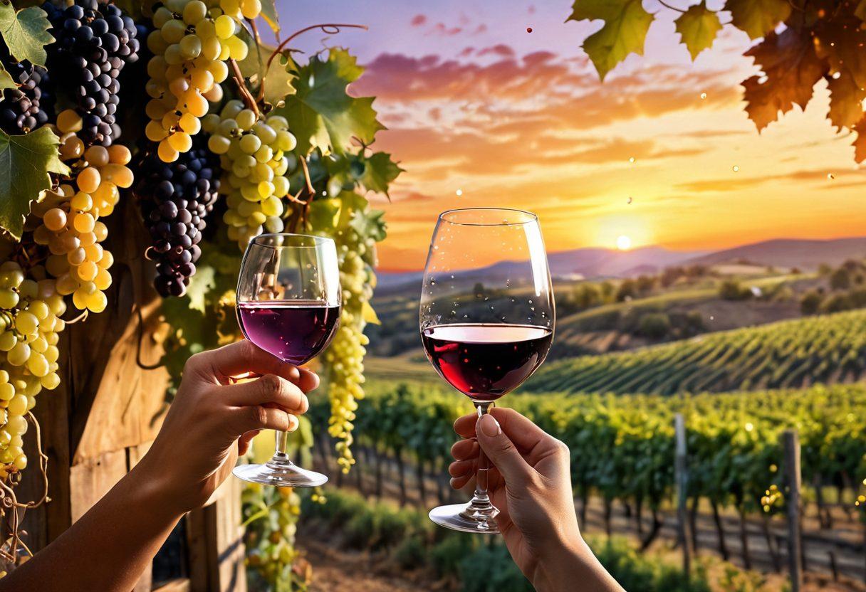A beautifully arranged vineyard landscape at sunset, with clusters of ripe grapes hanging on the vines. In the foreground, a hand holding a glass of wine, shimmering with reflections of the sunset. Scattered confetti and toast symbols in the background to convey celebration. Soft, warm lighting enhances the joyous atmosphere. vibrant colors. super-realistic.