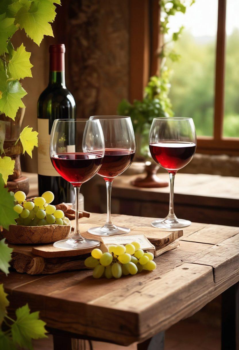 A beautifully arranged vintage wine tasting scene featuring elegant wine glasses filled with rich red and white wines, surrounded by rustic wooden tables adorned with cork coasters and vintage wine bottles. Soft, warm lighting casts a welcoming glow, with lush green vines and grapes in the background, creating an enchanting atmosphere that invites the viewer to experience the joy of wine. super-realistic. warm colors. soft focus.
