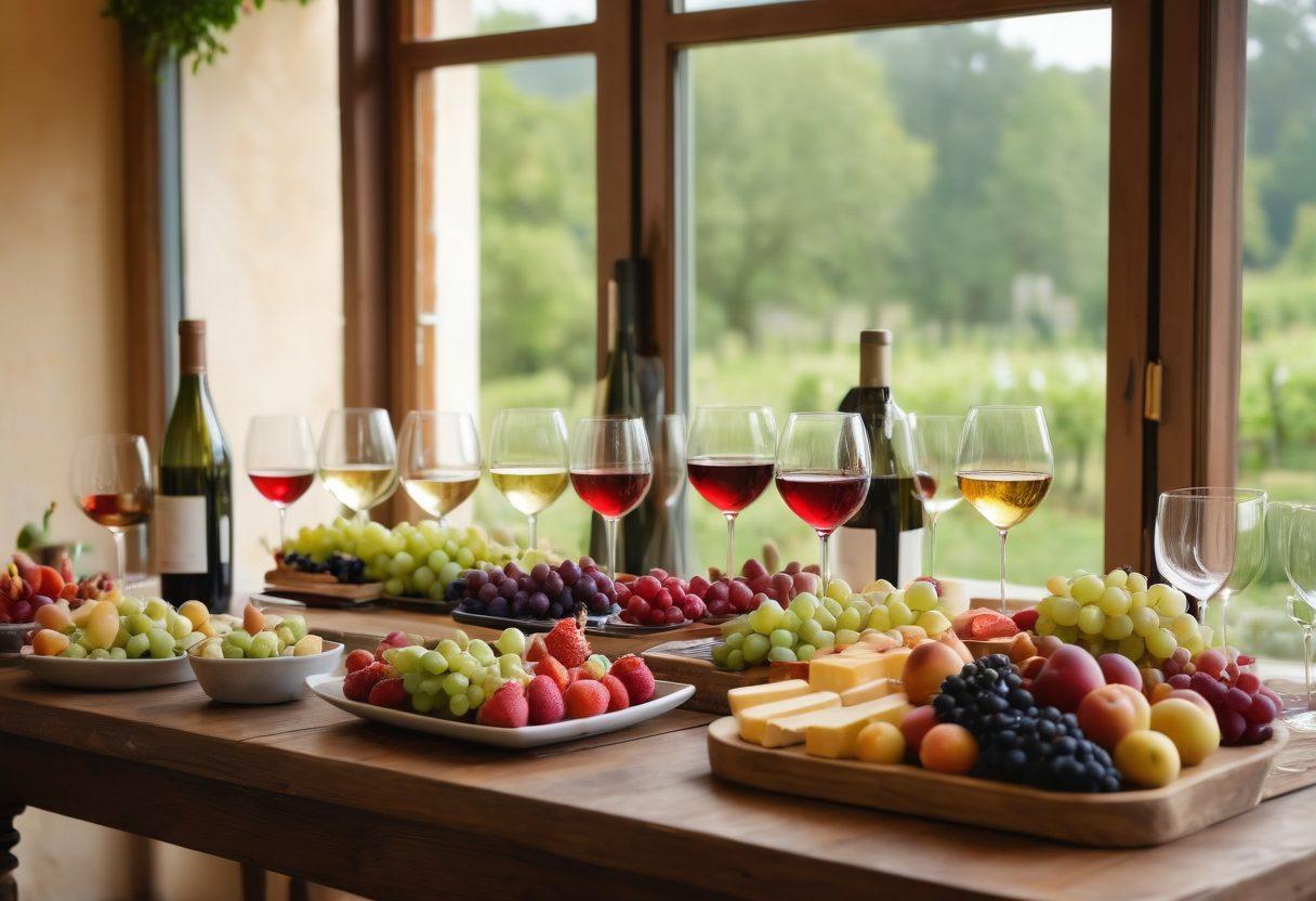 A beautifully arranged wine tasting table featuring a variety of wine glasses filled with vibrant red and white wines, surrounded by fresh fruits, cheese platters, and elegant decorations. In the background, a joyful group of diverse friends clinking their glasses together in celebration, with soft glowing lights creating a warm atmosphere. A picturesque vineyard landscape peeks through an open window, invoking a sense of happiness and togetherness. dreamy, vibrant colors, super-realistic.